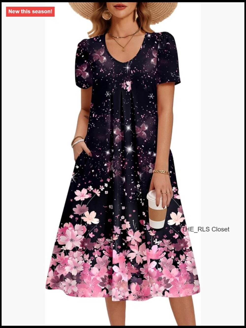 Polyester Spandex Casual Midi Sundress with Pockets V-Neck Short Sleeve